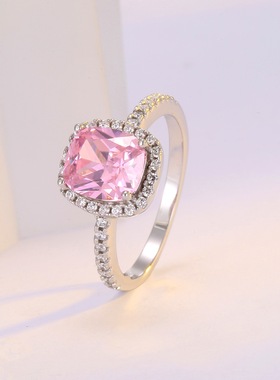 彩黄克拉枕形方钻婚戒镶方形仿真钻可调节开口戒指设计精致戒指