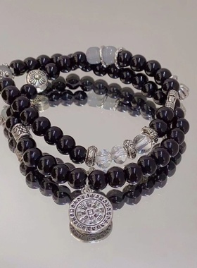 【墨川】火山石貔貅18籽盘龙真言串珠手串黑色手链