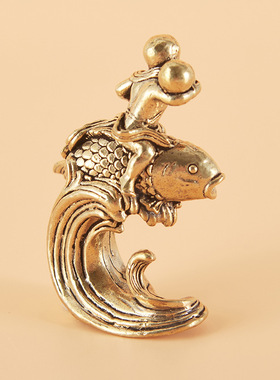 纯黄铜鲤鱼童子摆件家居办公室桌面摆件鲤鱼跃龙门黄铜工艺品