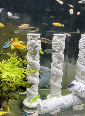 栩元  中式g禅意水泥盘龙柱鱼缸造景摆件水族箱创意沉底微景观装