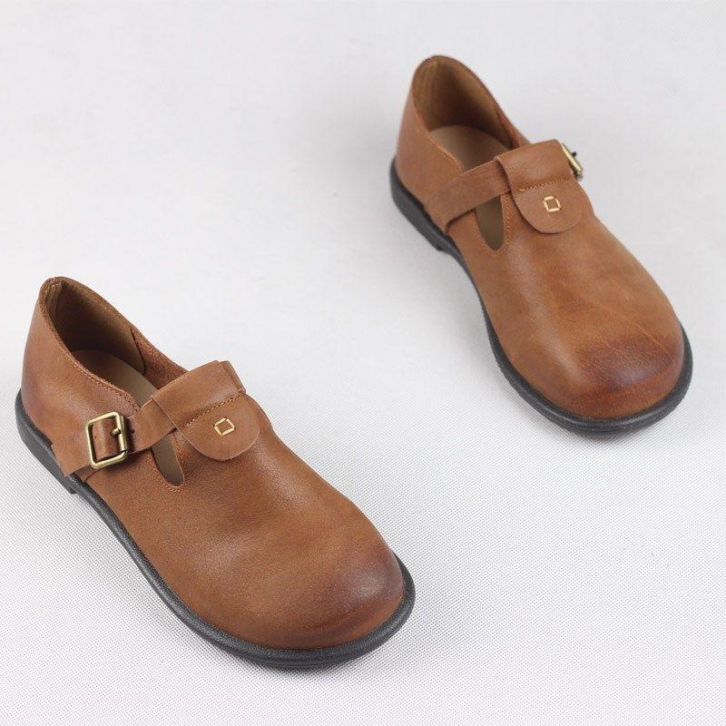 蚁团外贸全牛皮复古皮鞋女牛筋底舒适百搭皮带扣一脚蹬懒人平底鞋,淘宝优惠券,粉丝福利购,淘宝优惠卷