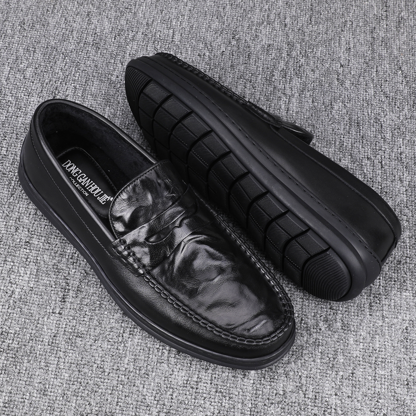 冬季加绒真皮豆豆鞋男款2025新款时尚一脚蹬软底纯皮商务休闲皮鞋 - 图0