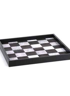 现代简创意黑白棋盘格托盘样板房酒具装饰托盘皮革托盘样板间托盘
