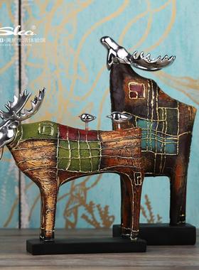 油画鹿动物家居装饰品酒店民宿创意摆件办公室桌面树脂工艺品