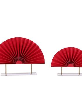 禅意新中式现代金属亚克力红色扇子折纸摆件客厅茶几书房艺术摆设
