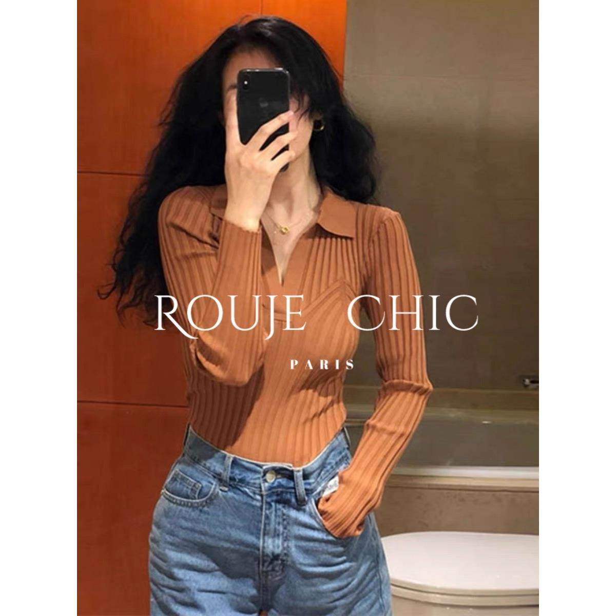 法国Rouje Chic法式高级感红色polo领针织衫女早春季修身打底毛衣,淘宝优惠券,粉丝福利购,淘宝优惠卷