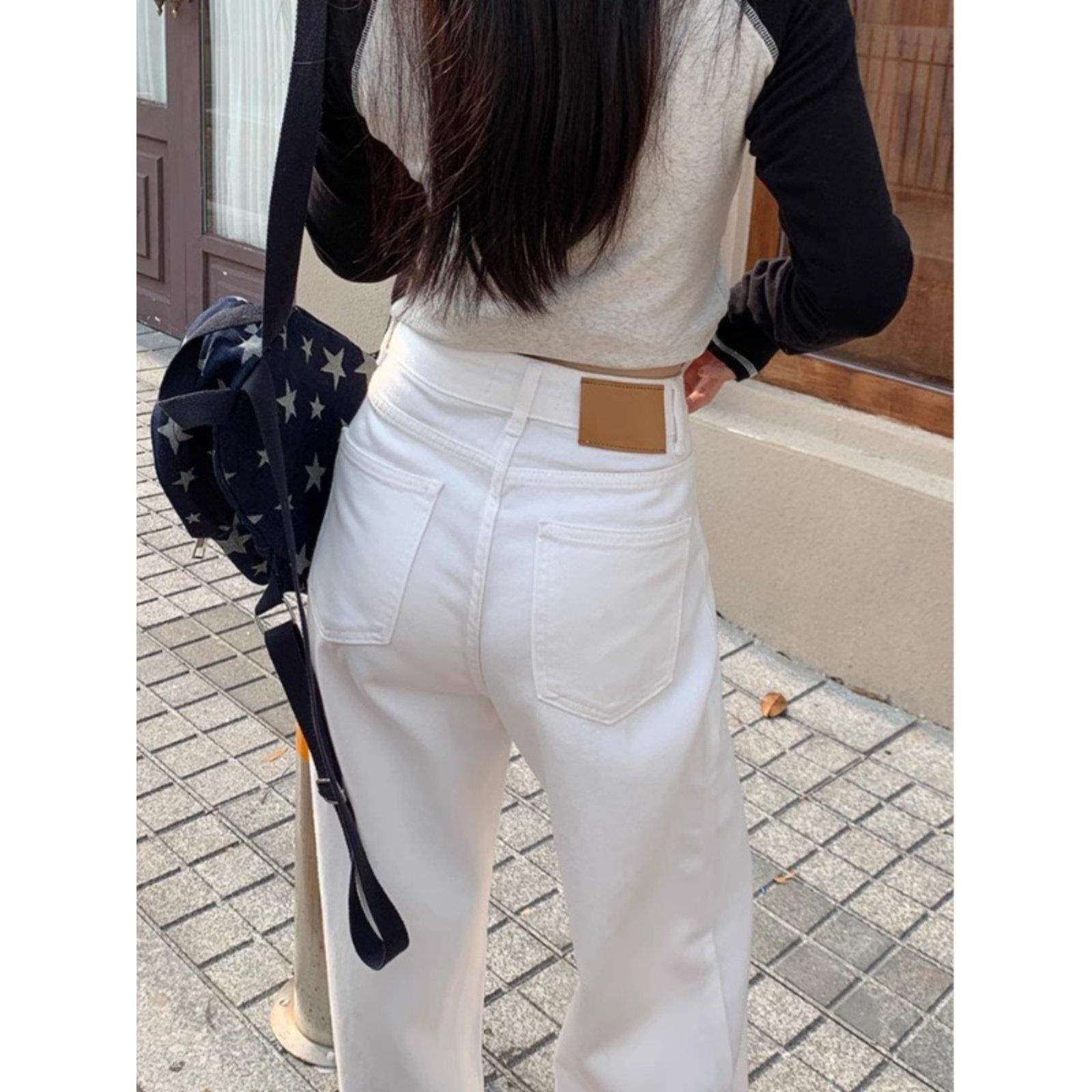 法国鲁耶天真优雅的白色阔腿牛仔裤女士高腰宽松直腿垂地长裤,淘宝优惠券,粉丝福利购,淘宝优惠卷