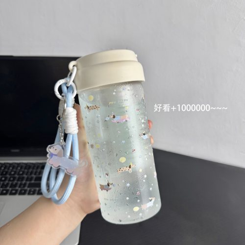 原创星星腊肠狗吸管杯透明水杯女高颜值学生可爱大容量带茶隔杯子 - 图1