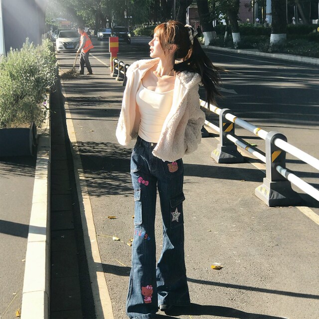 American retro cartoon KT cat print bootcut jeans