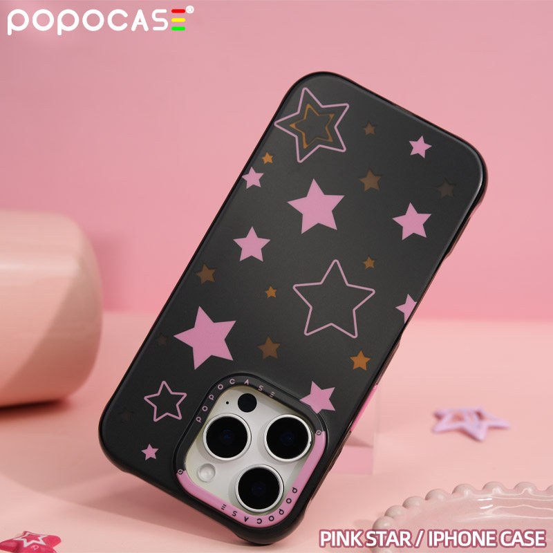 POPOCASE原创黑粉镭射星星小众设计ins磨砂带挂绳孔16promax手机壳iphone15pro新款炫彩渐变镭射14苹果保护套