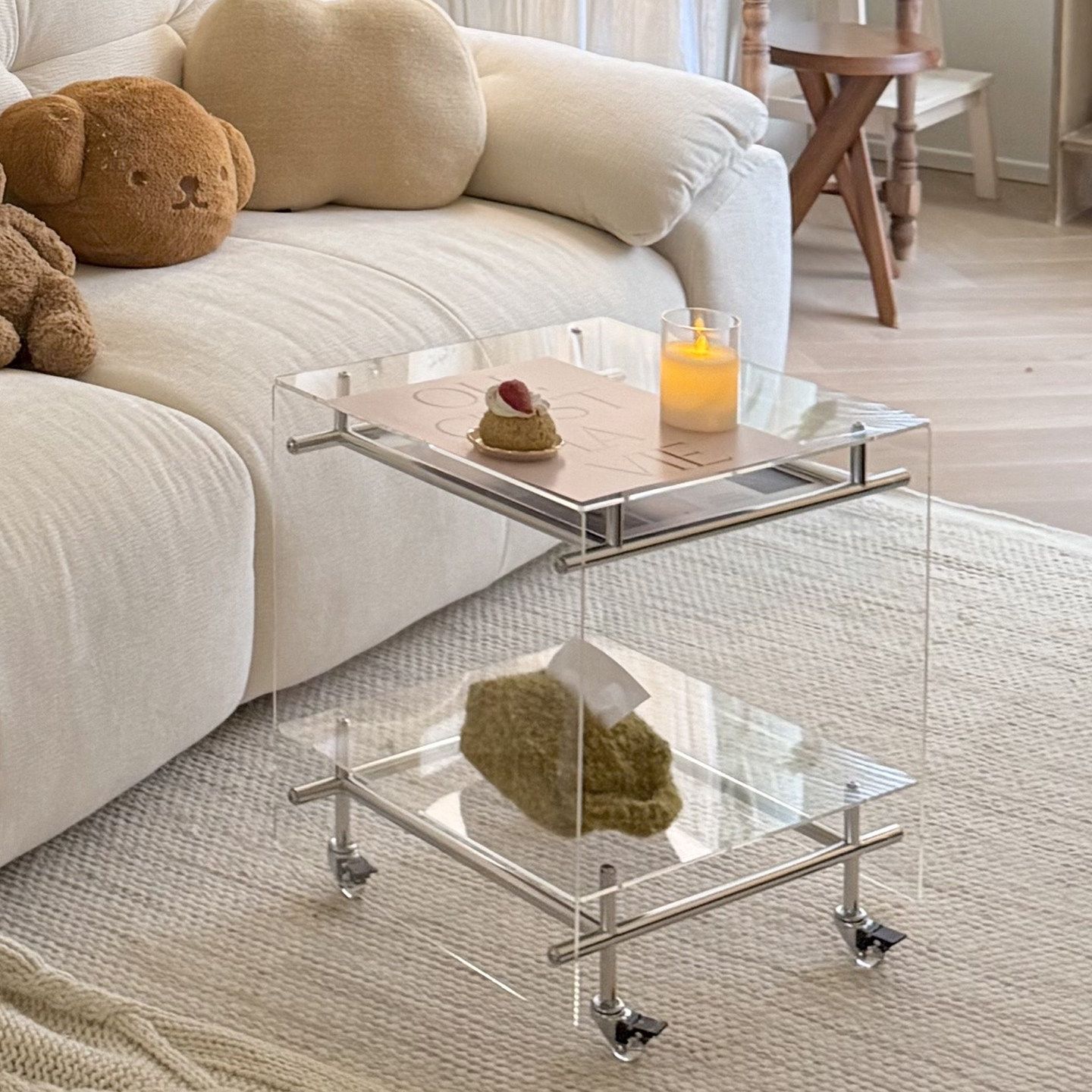 网红透明小推车简约现代中古创意家用沙发边几移动收纳轻奢床头柜,淘宝优惠券,粉丝福利购,淘宝优惠卷