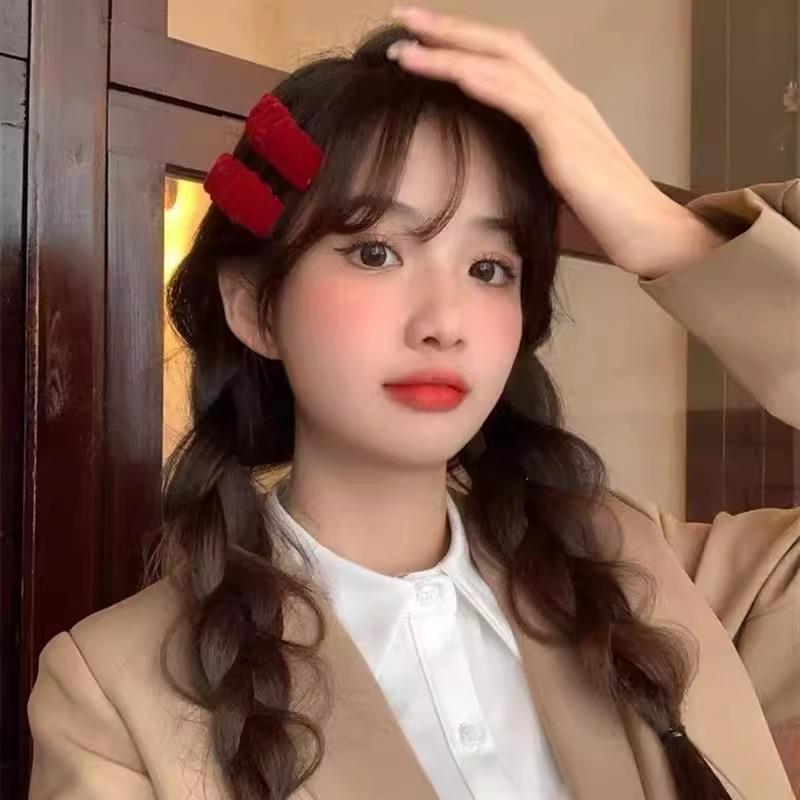 红色丝绒蝴蝶结发夹女敬酒服头饰高级感新娘后脑勺半扎发弹簧夹子 - 图0