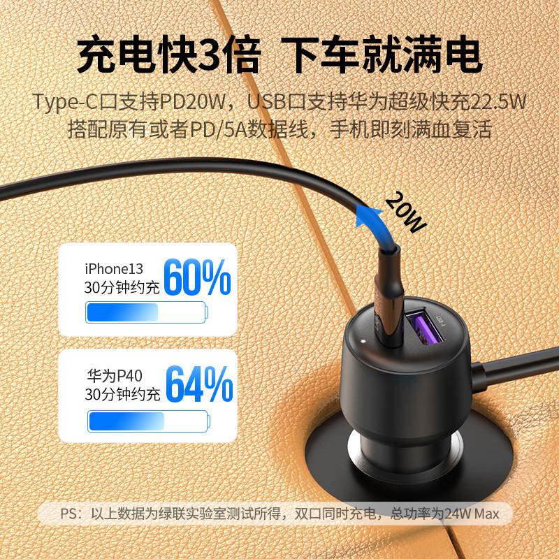 绿联车载充电器快充一拖二三拓展口汽车充点烟器转换插头多用usb