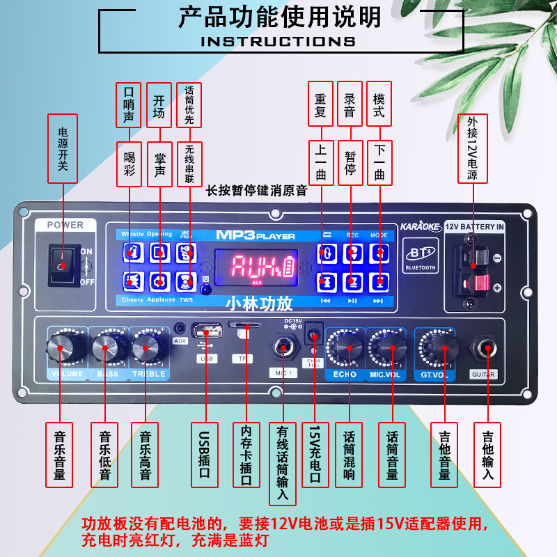 广场舞12V音响蓝牙功放板单声道 带消原音录音多功能通用音箱主板