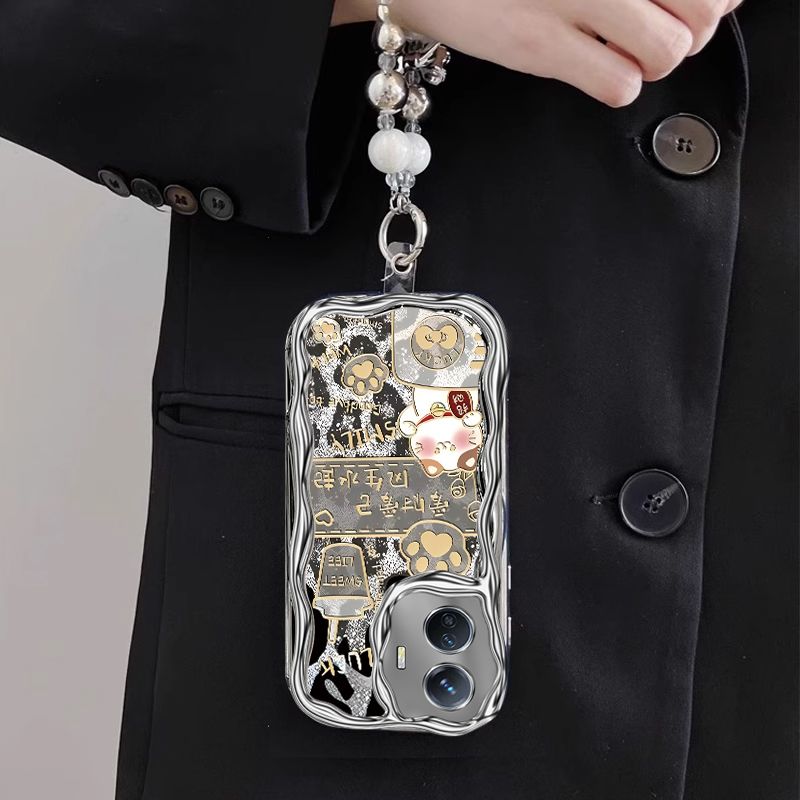 适用vivoy77e手机壳V2166BA电镀硅胶软vivo y775G保护套V2219A招财猫vlvoy防摔全包5g文字卡通viv0y手链潮女 - 图2