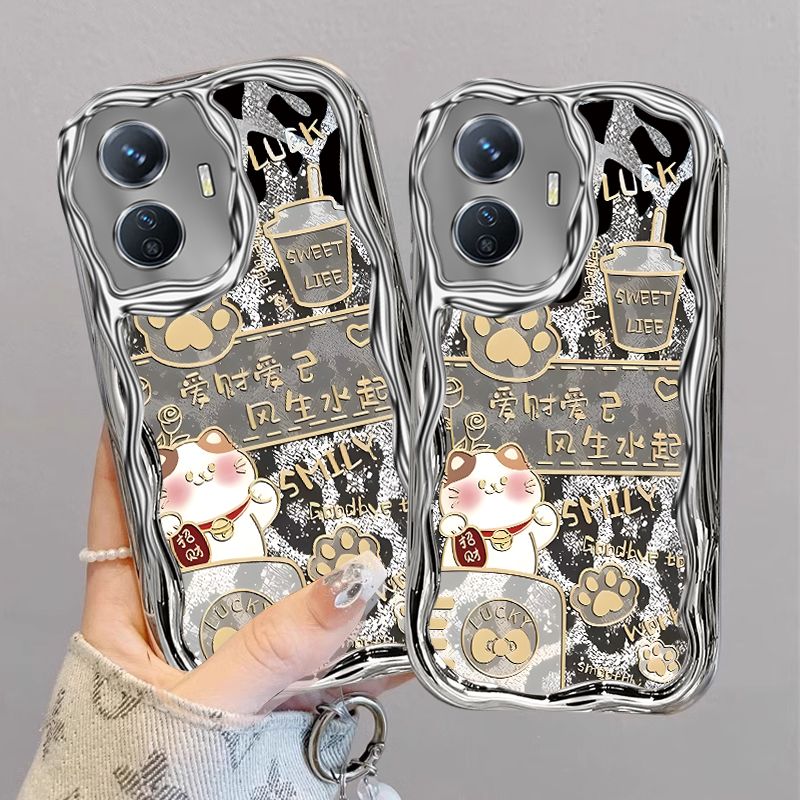 适用vivoy77e手机壳V2166BA电镀硅胶软vivo y775G保护套V2219A招财猫vlvoy防摔全包5g文字卡通viv0y手链潮女 - 图1