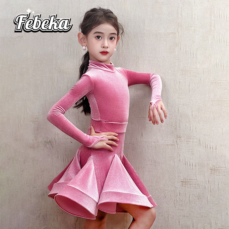 菲贝咔拉丁舞服2025少儿规定比赛服女童专业新款丝绒国际拉丁舞裙 - 图0