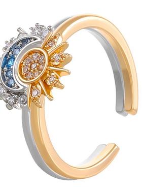 戒指个性化覆古女性镶嵌钻石戒指太阳和月亮戒指