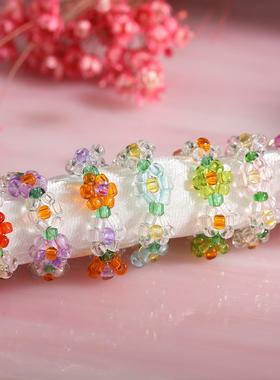 female Creative new elastic flower crystal bead ring彩色戒指