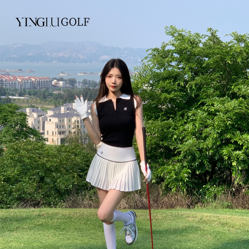 韩国高尔夫球服女套装网球百褶短裙golf运动POLO羽毛球衫无袖上衣 - 图0