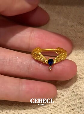 vintage复古金色羽毛戒指女显白