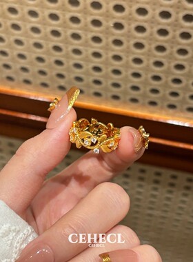 金色花枝树叶戒指中古拉丝食指戒