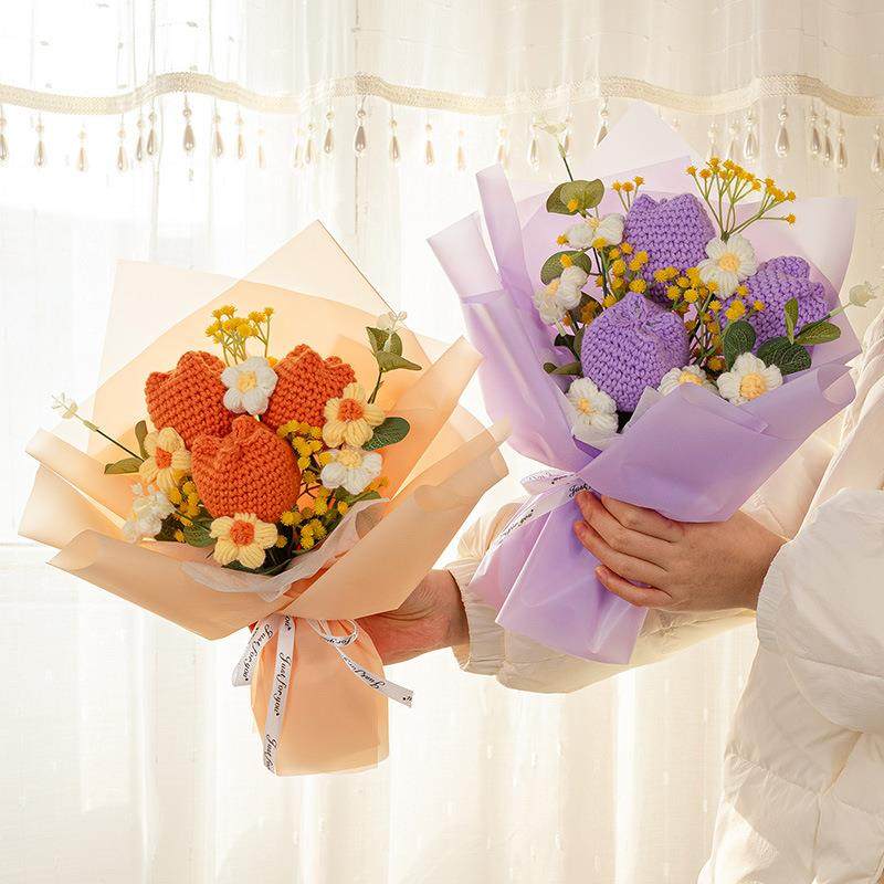 钩仿织郁金香成品手织工编花织毛线束高级感生日礼仿真花物针玫瑰,淘宝优惠券,粉丝福利购,淘宝优惠卷