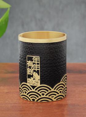 笔筒纯黄铜中国风高级感办公室书房桌面收纳摆件雕花六君子筒