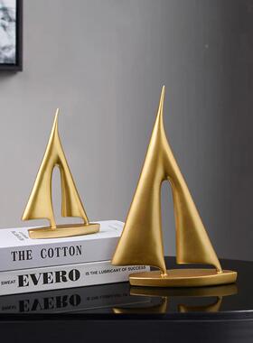 创意中式金色帆船一饰对BJ1540书柜客现厅装品软装酒柜书房桌面摆