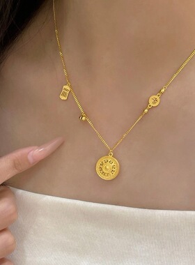 小众高级感设计福字八宝罗盘套链沙金饰品轻奢镂空圆盘挂坠锁骨