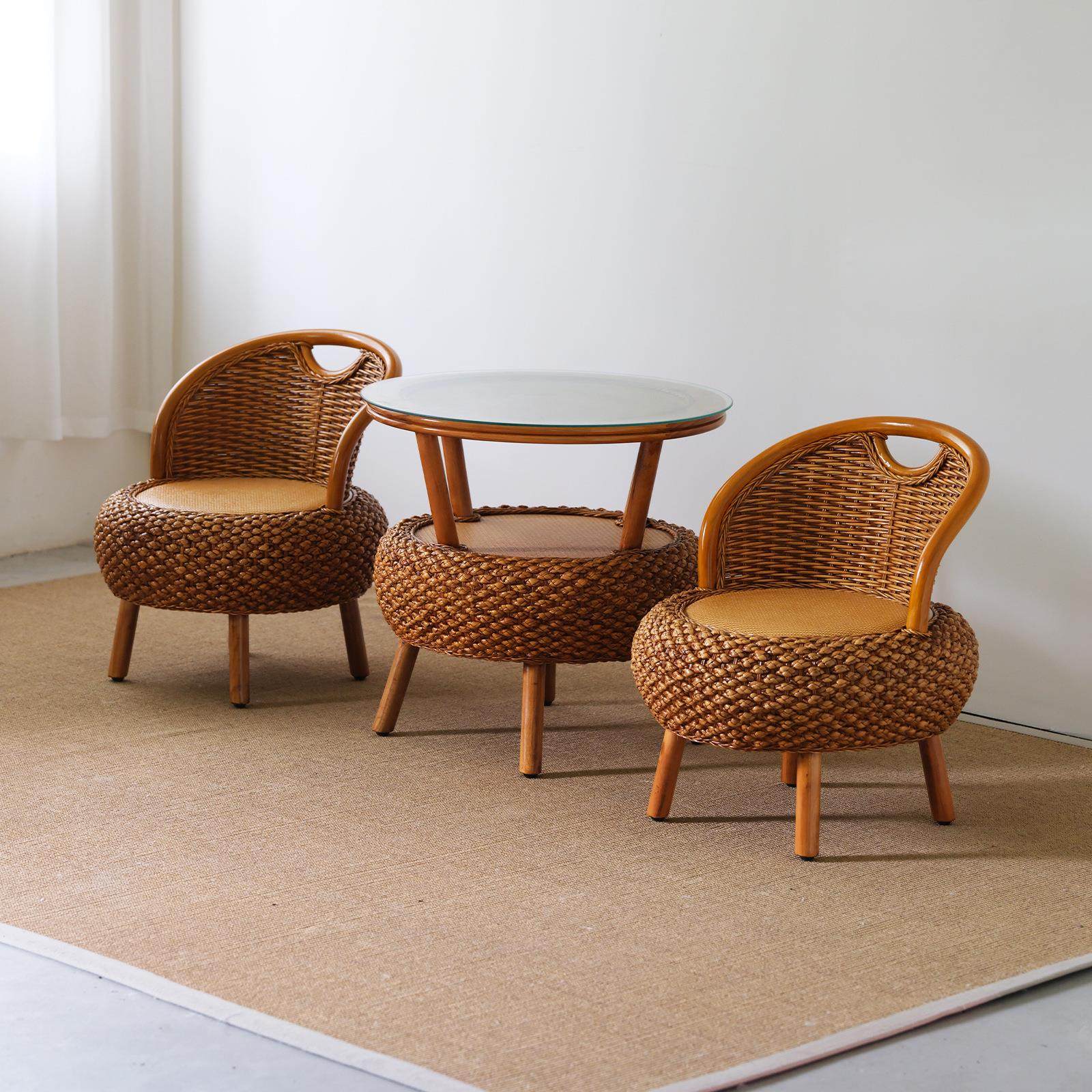 阳台小矮藤椅三件套简约藤条编织靠背椅茶几圆形藤编老人休闲座椅,淘宝优惠券,粉丝福利购,淘宝优惠卷