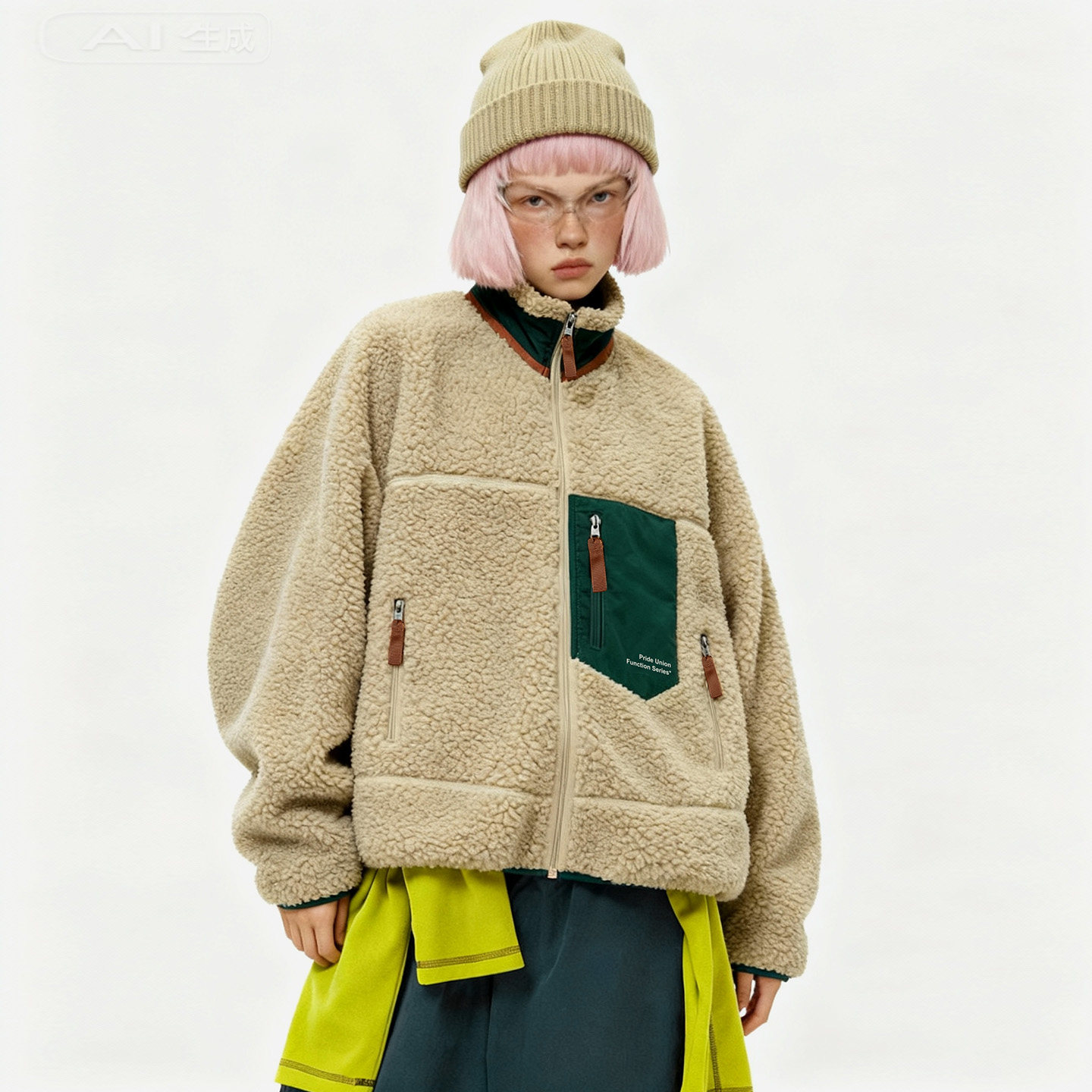 PRIDEUNION骄傲集结撞色刺绣LOGO仿羊羔毛抓绒夹克外套,淘宝优惠券,粉丝福利购,淘宝优惠卷