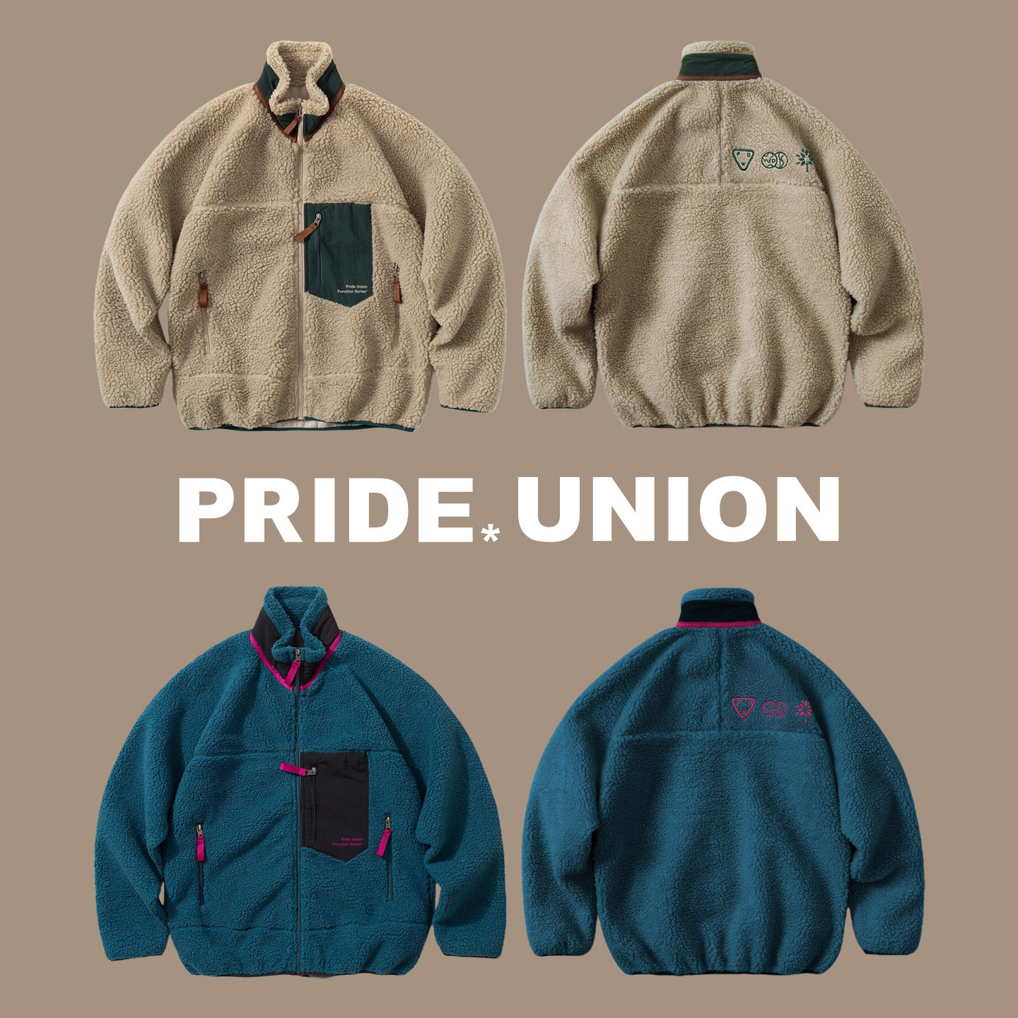 PRIDEUNION骄傲集结撞色刺绣LOGO仿羊羔毛抓绒夹克外套,淘宝优惠券,粉丝福利购,淘宝优惠卷