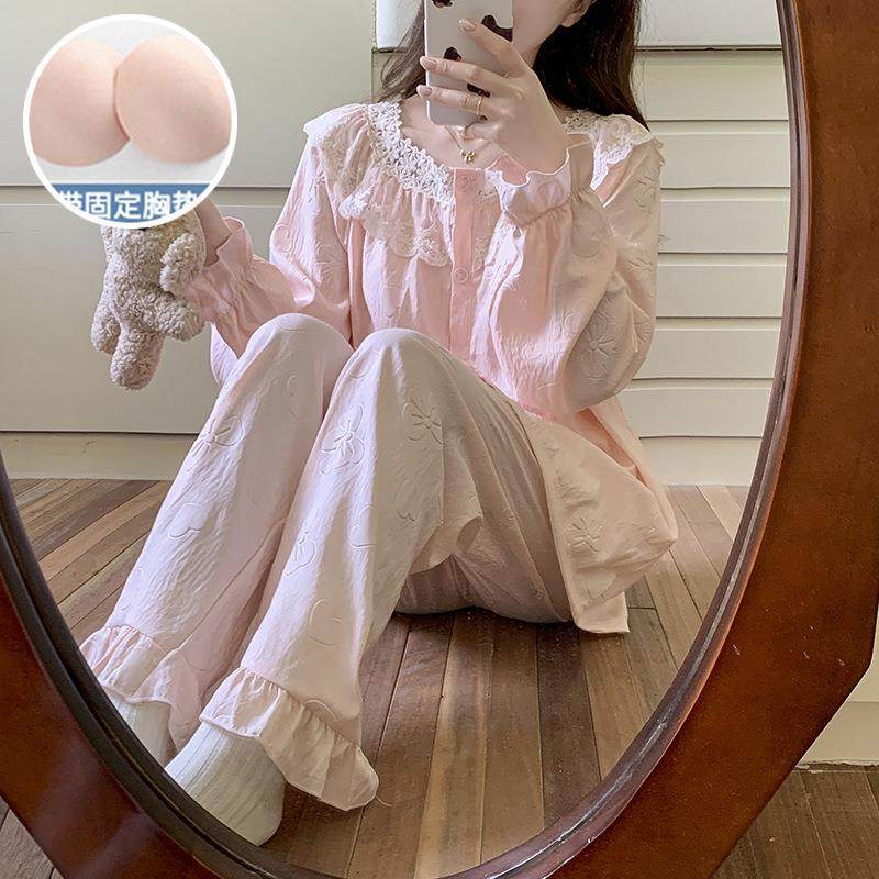 公主风睡衣女春秋款带胸垫云朵棉花边长袖长裤甜美少女家居服套装,淘宝优惠券,粉丝福利购,淘宝优惠卷