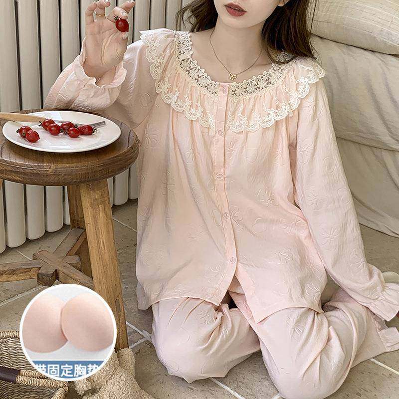 公主风睡衣女春秋款带胸垫云朵棉花边长袖长裤甜美少女家居服套装,淘宝优惠券,粉丝福利购,淘宝优惠卷