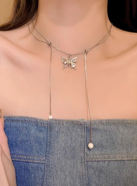 清瑾珠银色蝴蝶抽拉式长款项链女气质冷淡风小众轻奢高级感锁骨链