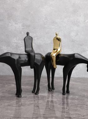 现代中式台桌面书房黑色马饰前现代黑品金色骑0168面马人物雕塑桌