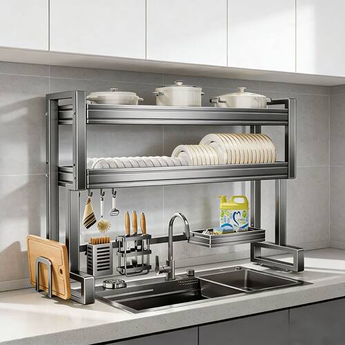 Kitchen sink storage rack for bowls, plates, and dishes, multifunctional drain bowl rack above the sink, cutting board - 图0