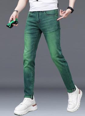 香港高端水鬼绿色牛仔裤男士2024春秋新款弹力修身小脚休闲长裤子