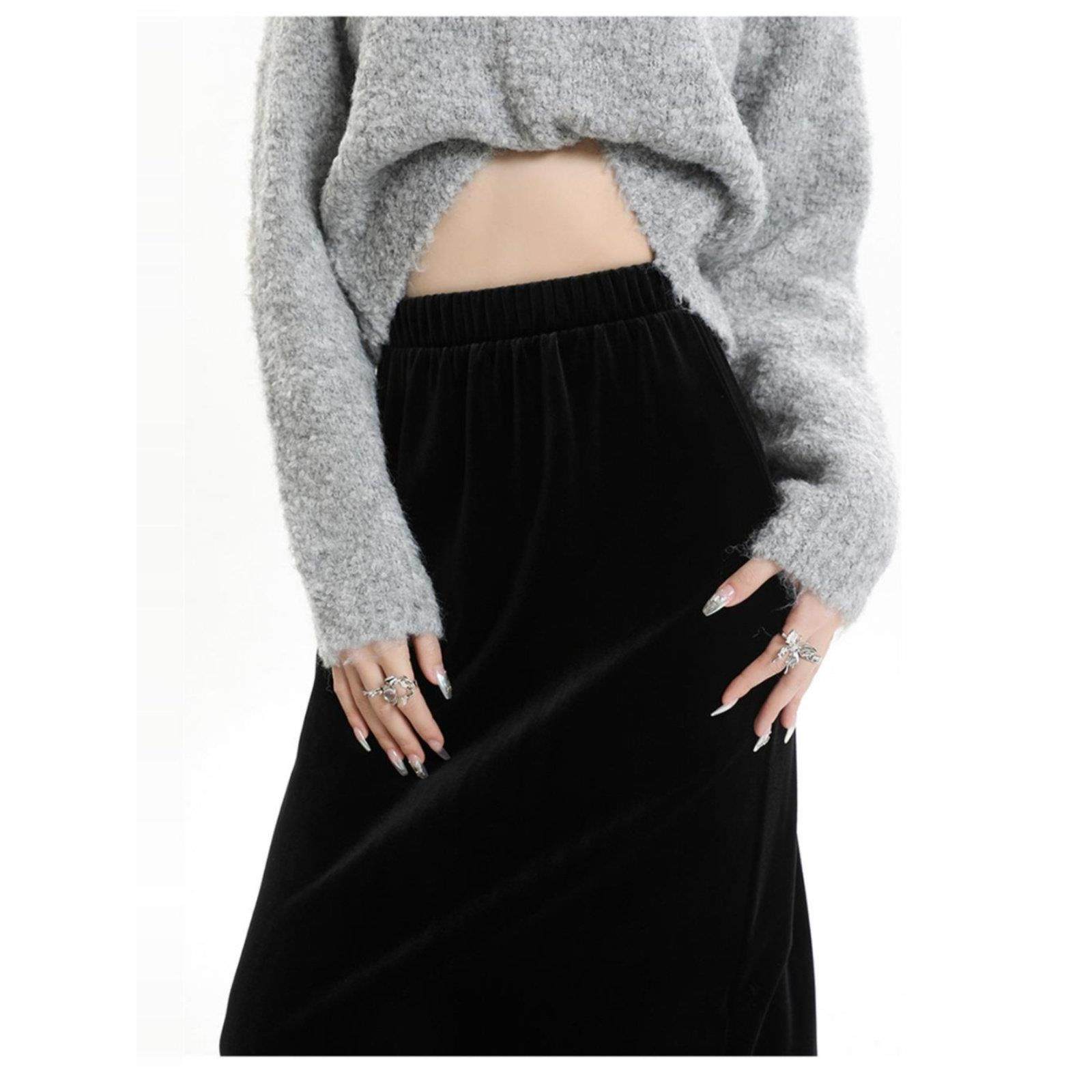 法国rouje hrners法式黑色丝绒毛边半身裙女赫本风高腰开叉包臀裙,淘宝优惠券,粉丝福利购,淘宝优惠卷