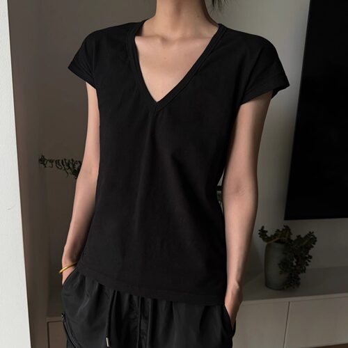 Y2NGV领小飞袖通勤百搭松弛感纸片人女短袖T恤 - 图1