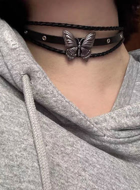 暗黑涩谷蝴蝶皮质双层朋克项链