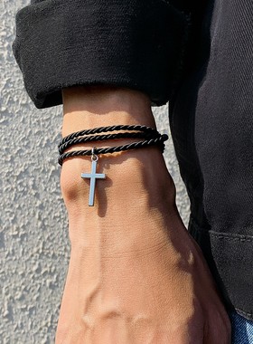 多层编织绳十字架手链简约时尚
