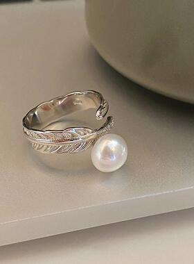 新加坡chomelkinseyS925淡水珍珠戒指羽毛开口食指戒情人节送女友