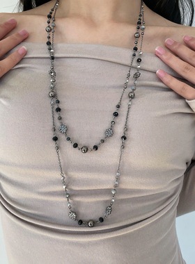 复古辣妹做旧长款双层链项链女波西米亚民族风彩色花朵串珠毛衣链