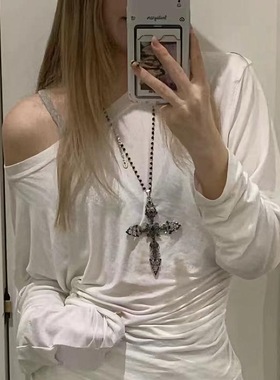 暗黑朋克风水钻十字架项链甜酷风辣妹复古毛衣链Y2K小众设计颈链