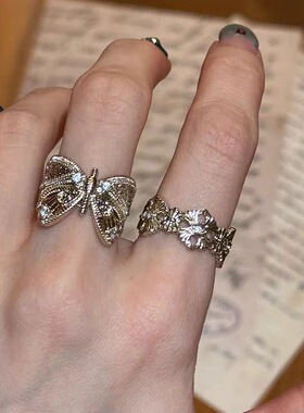 绝美中古vintage古着咖啡金蝴蝶开口戒指女小众设计感鸢尾食指戒