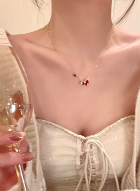 新年红色滴油金边小马项链女轻奢高级感锁骨链配饰气质毛衣链颈链