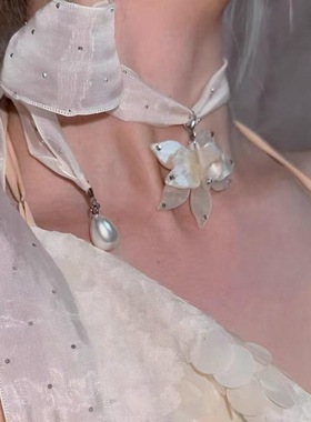 氛围感千金感波点长丝带花朵项链Choker颈链女小众气质锁骨链配饰