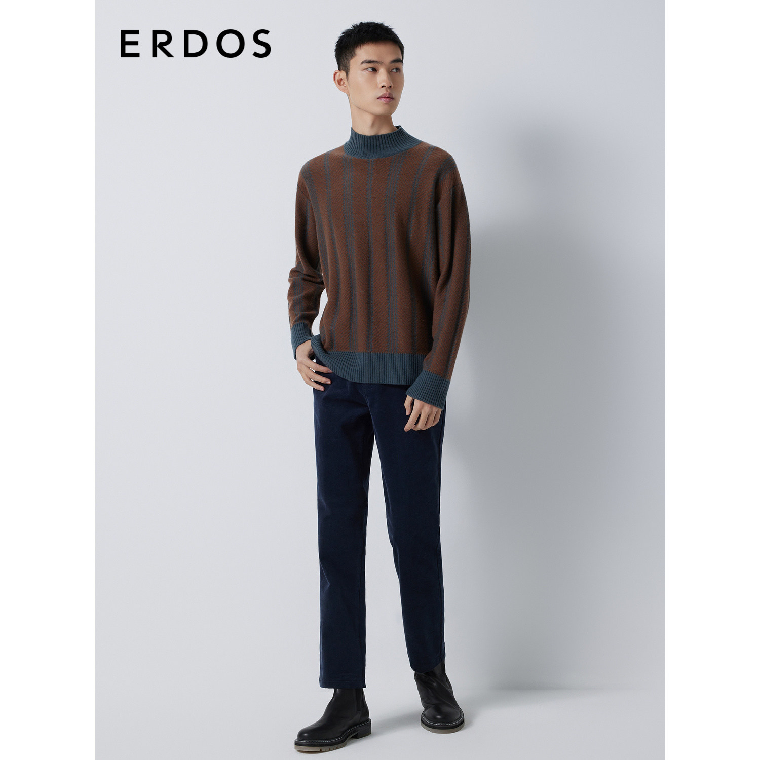 ERDOS 男装羊绒衫秋冬半高领拼色翻花厚款宽松微弹针织衫,淘宝优惠券,粉丝福利购,淘宝优惠卷